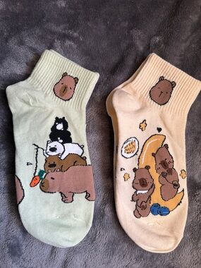 Cute Cartoon Bear Ankle Socks - Pair in Mint & Peach